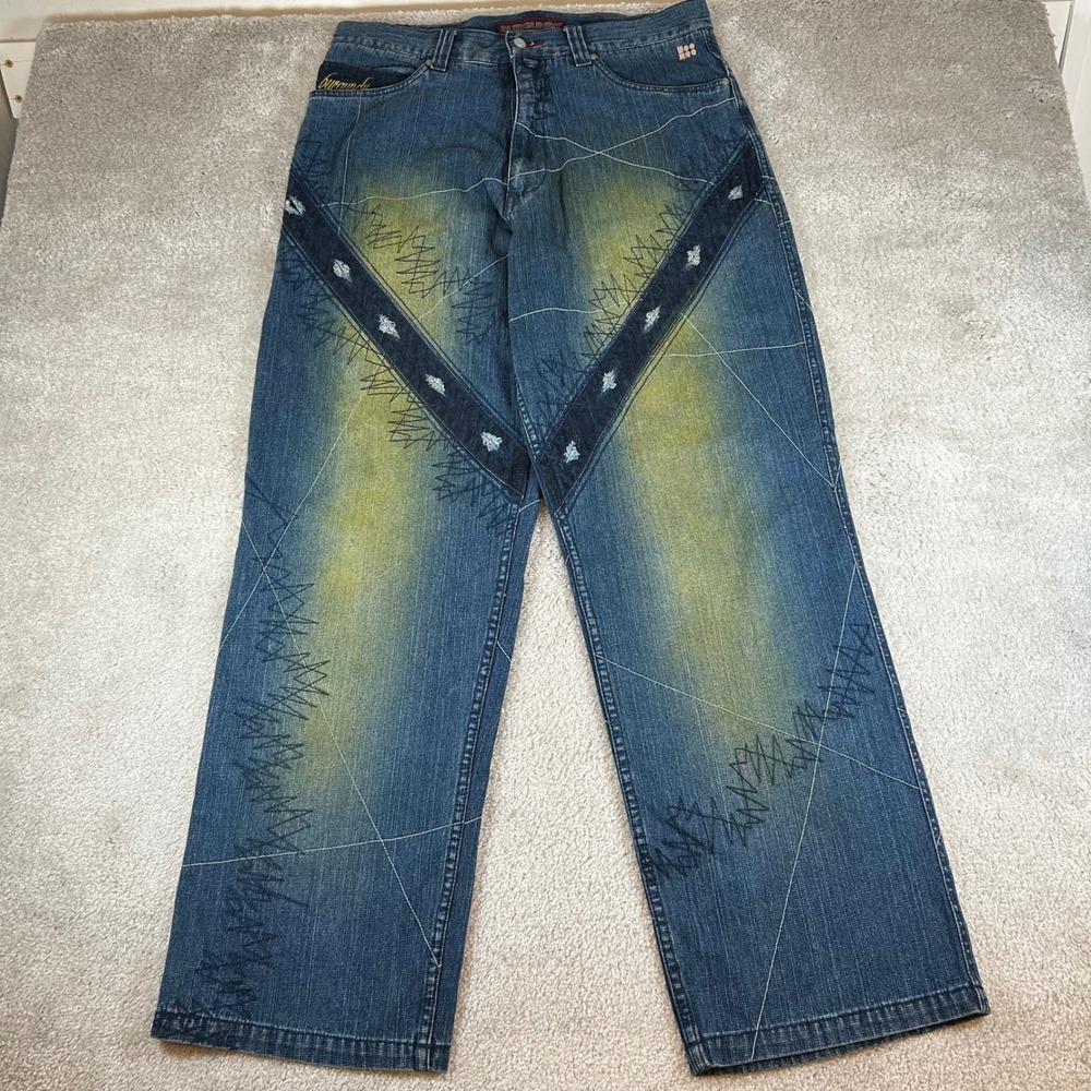 Vintage Burgundy Baggy Jeans Mens W36 L34 Blue Yellow Y2K Embroidered Wide Leg